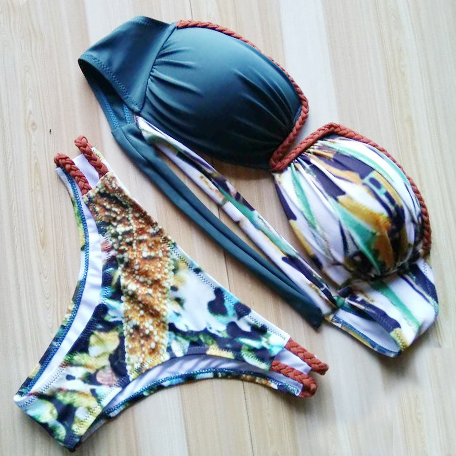 F4615 Edgy Sexy Fashion Ethnic Print Strapless Bikini Set Swimsuit Swimwear
